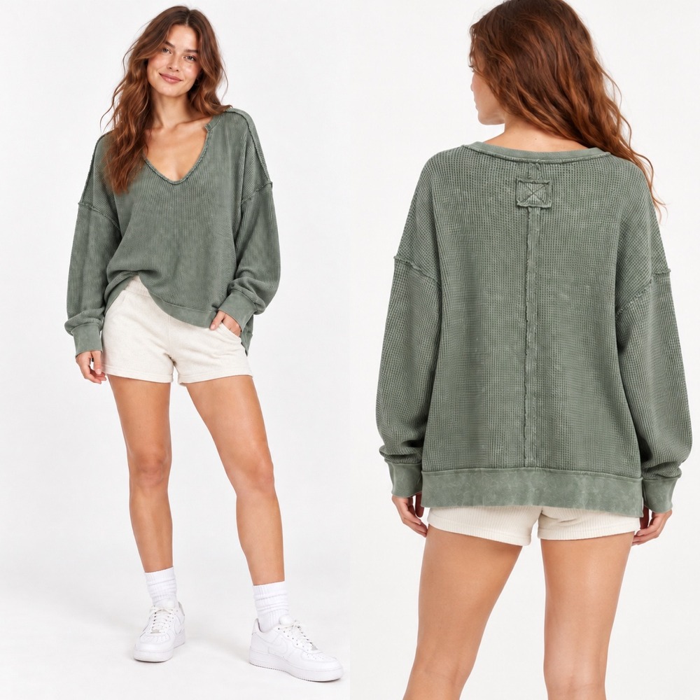 Pink Rose Waffle Knit Top Large Sage Green V-Neck Oversized Thermal